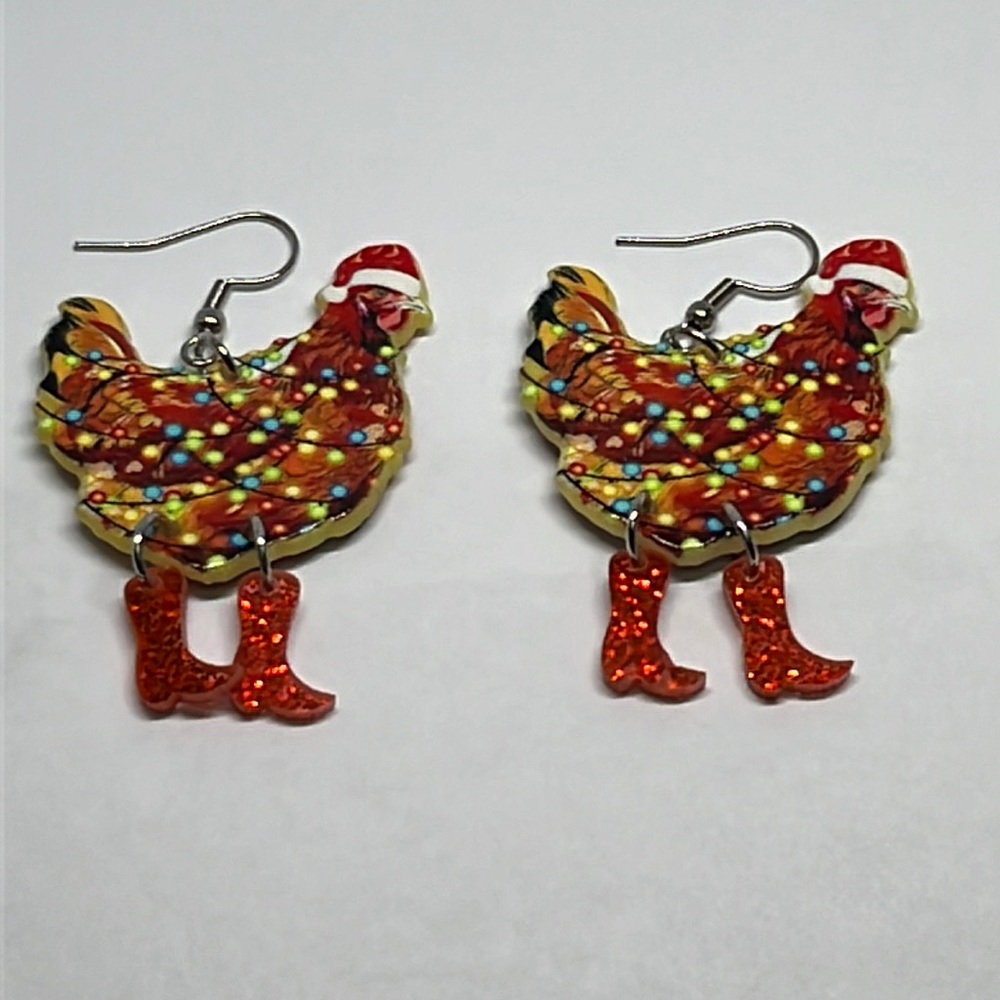 Earrings Christmas Chicken Hen Xmas Lights